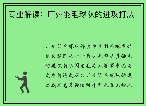 专业解读：广州羽毛球队的进攻打法