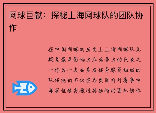 网球巨献：探秘上海网球队的团队协作