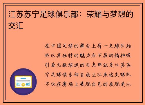 江苏苏宁足球俱乐部：荣耀与梦想的交汇
