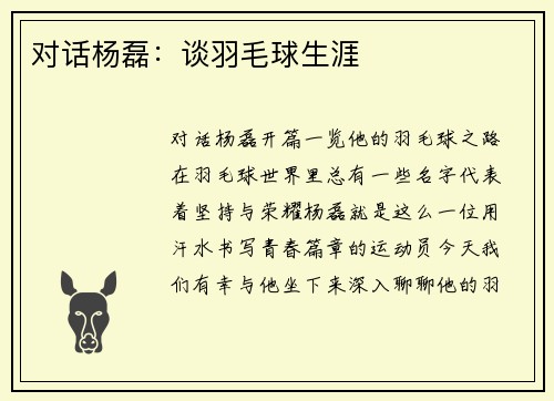 对话杨磊：谈羽毛球生涯