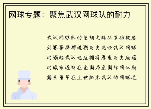 网球专题：聚焦武汉网球队的耐力