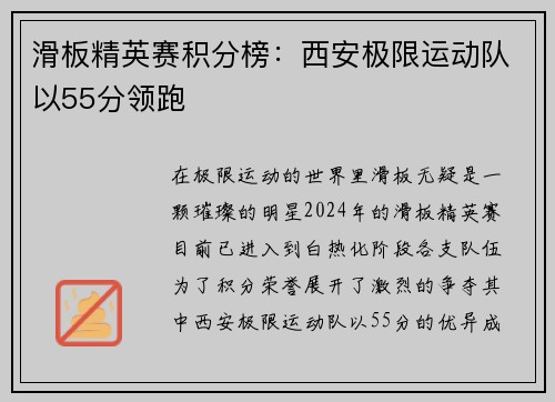 滑板精英赛积分榜：西安极限运动队以55分领跑