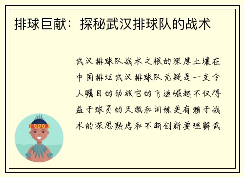 排球巨献：探秘武汉排球队的战术