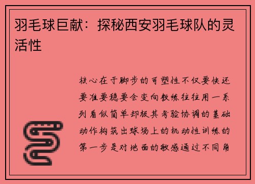 羽毛球巨献：探秘西安羽毛球队的灵活性